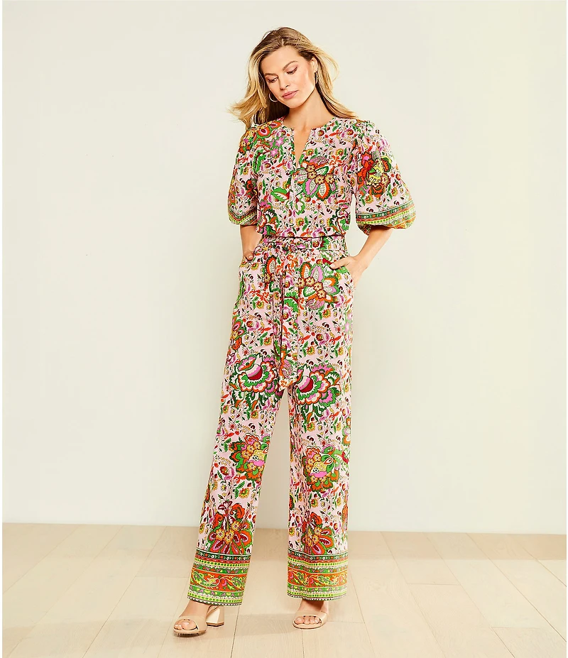 Gibson & Latimer Coordinating Floral Printed Split V-Neck 3/4 Puff Sleeve Top