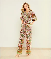 Gibson & Latimer Coordinating Floral Printed Split V-Neck 3/4 Puff Sleeve Top