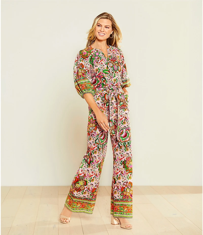 Gibson & Latimer Coordinating Floral Printed Split V-Neck 3/4 Puff Sleeve Top