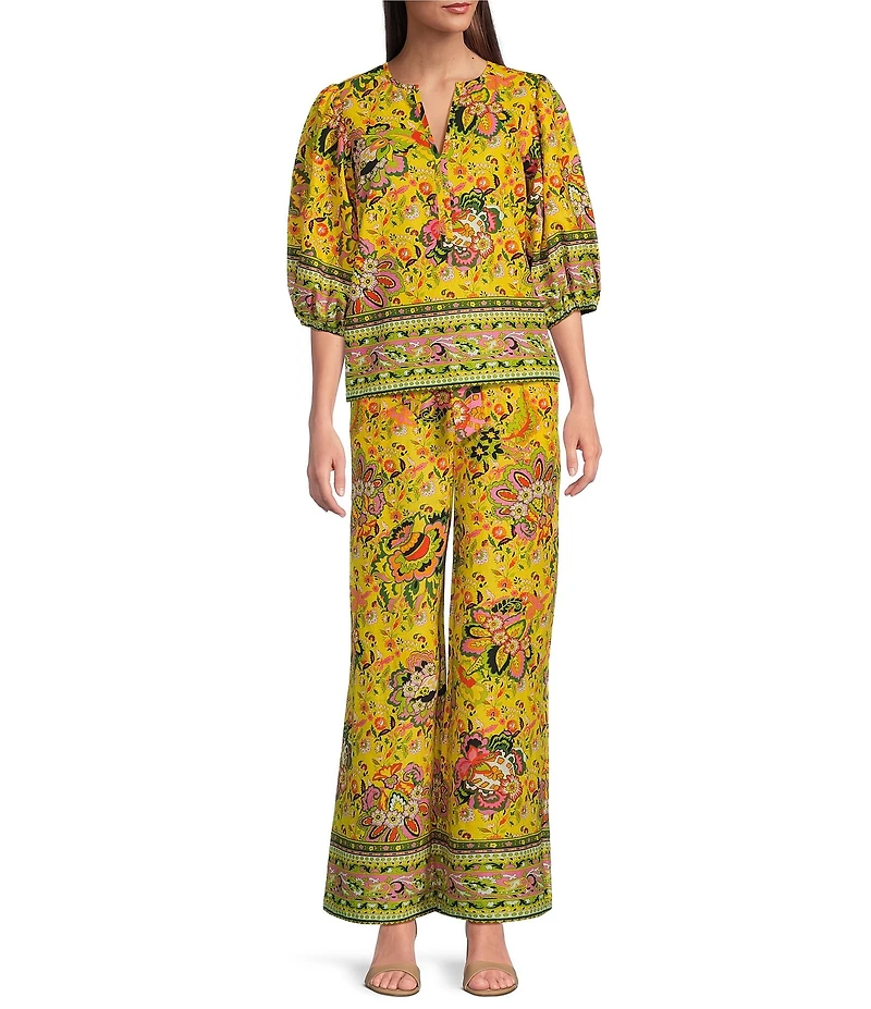 Gibson & Latimer Coordinating Floral Printed Split V-Neck 3/4 Puff Sleeve Top