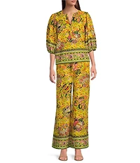 Gibson & Latimer Coordinating Floral Printed Split V-Neck 3/4 Puff Sleeve Top