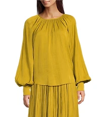 Gibson & Latimer Coordinating Woven Moonshadow Ruched Crew Neck Long Sleeve Cuffed Blouse