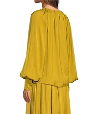 Gibson & Latimer Coordinating Woven Moonshadow Ruched Crew Neck Long Sleeve Cuffed Blouse