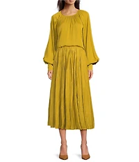 Gibson & Latimer Coordinating Woven Moonshadow Ruched Crew Neck Long Sleeve Cuffed Blouse