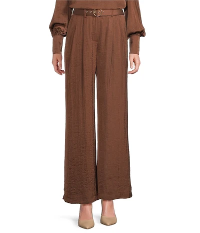 Gibson & Latimer Coordinating Woven Moonshadow Satin High Rise Belted Pleated Wide Leg Pants