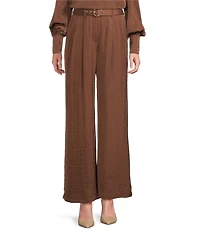 Gibson & Latimer Coordinating Woven Moonshadow Satin High Rise Belted Pleated Wide Leg Pants