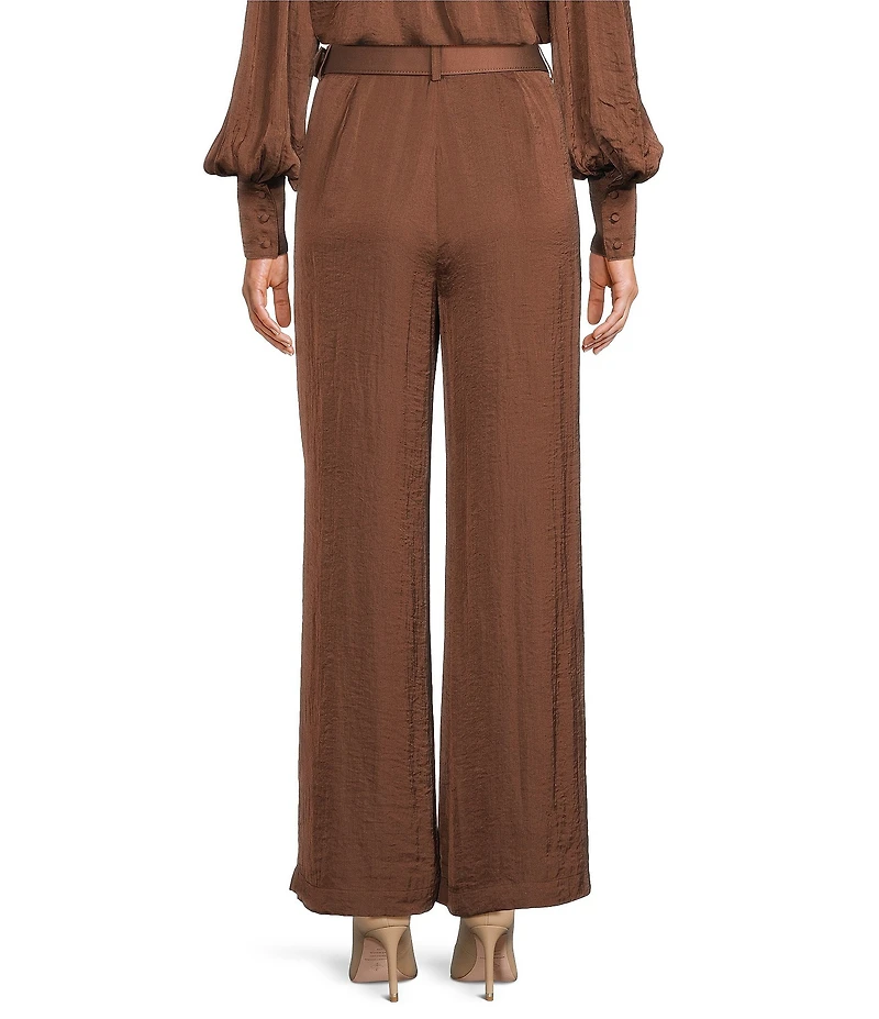 Gibson & Latimer Coordinating Woven Moonshadow Satin High Rise Belted Pleated Wide Leg Pants
