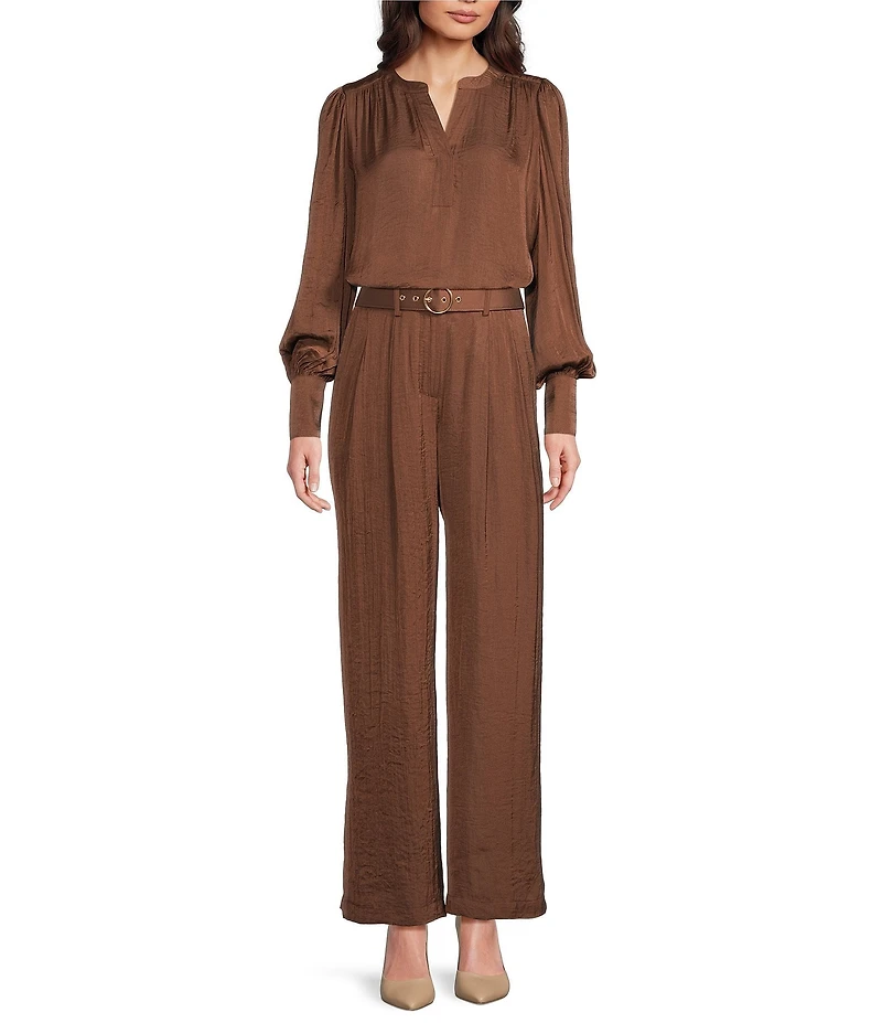 Gibson & Latimer Coordinating Woven Moonshadow Satin High Rise Belted Pleated Wide Leg Pants
