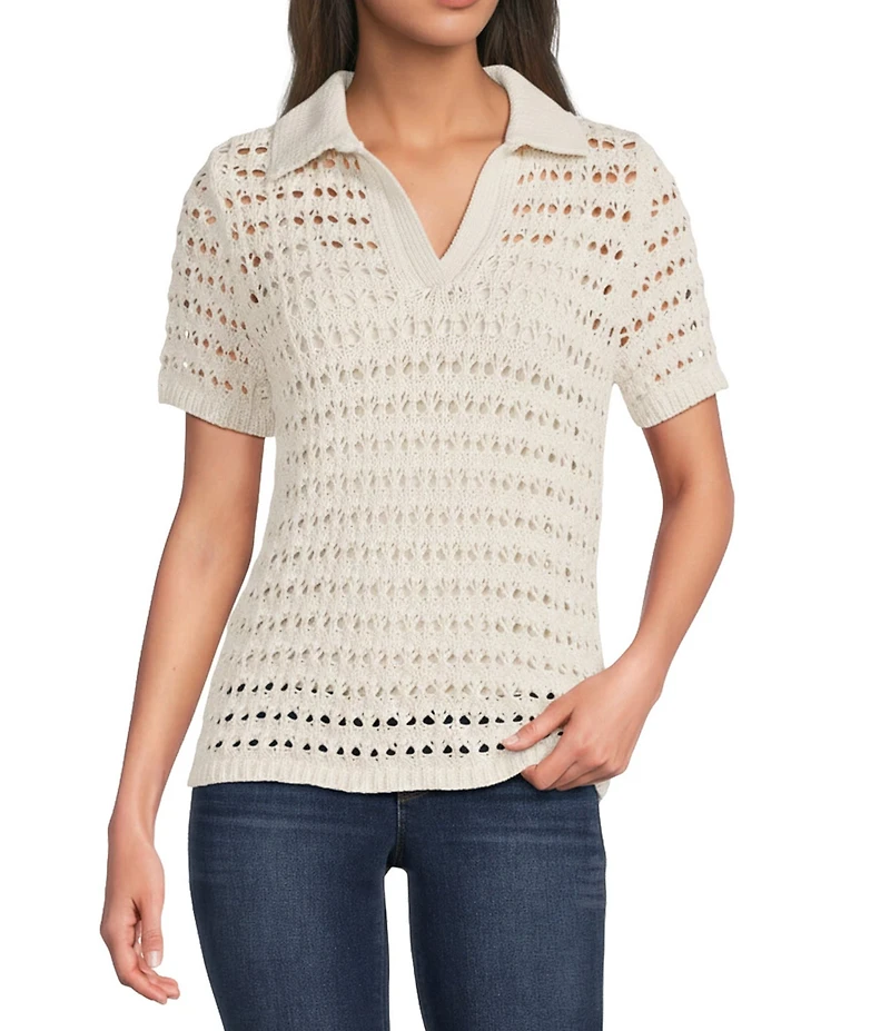 Gibson & Latimer Crochet Knit Point Collar Short Sleeve Polo Shirt