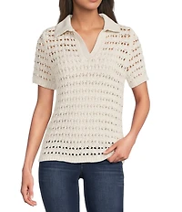 Gibson & Latimer Crochet Knit Point Collar Short Sleeve Polo Shirt