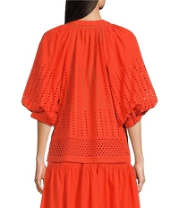 Gibson & Latimer Eyelet Woven Tie Split V-Neck 3/4 Bubble Sleeve Coordinating Blouse