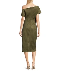 Gibson & Latimer Faux Suede Asymmetric Neck One Shoulder Off-The-Shoulder Short Sleeve Ruched Sheath Midi Dress