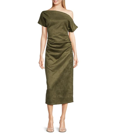 Gibson & Latimer Faux Suede Asymmetric Neck One Shoulder Off-The-Shoulder Short Sleeve Ruched Sheath Midi Dress