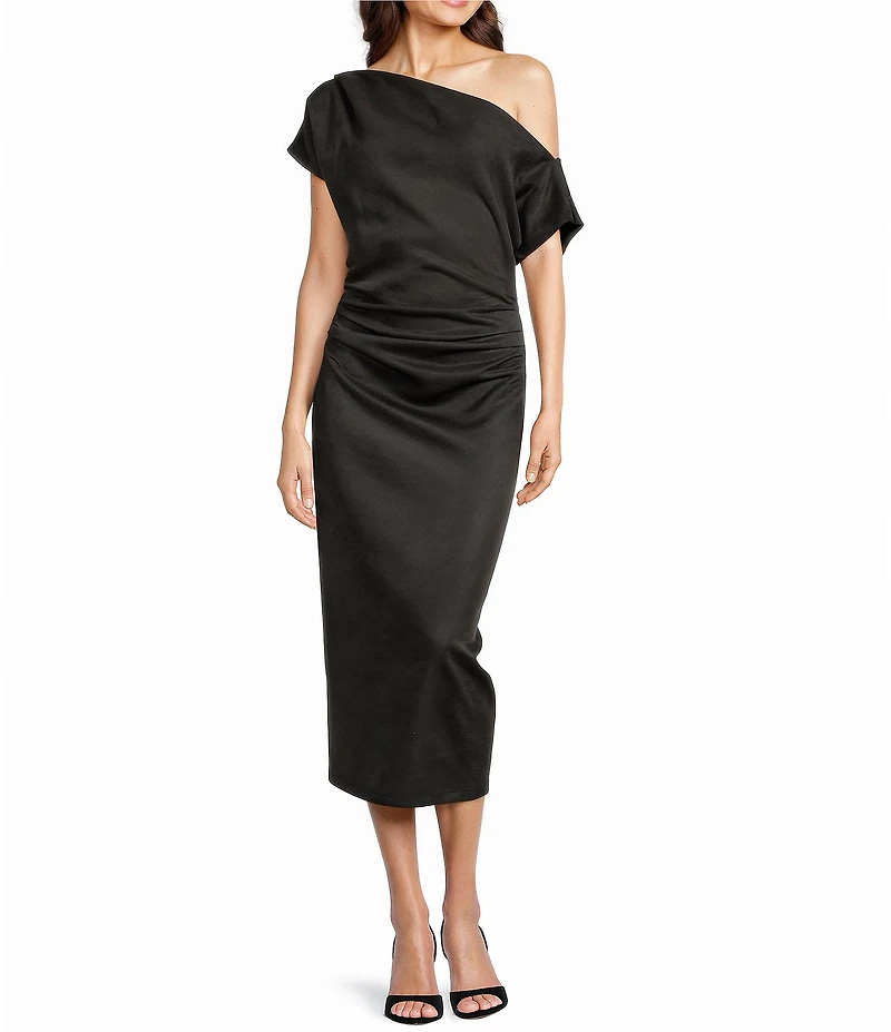 Gibson & Latimer Faux Suede Asymmetric Neck One Shoulder Off-The-Shoulder Short Sleeve Ruched Sheath Midi Dress