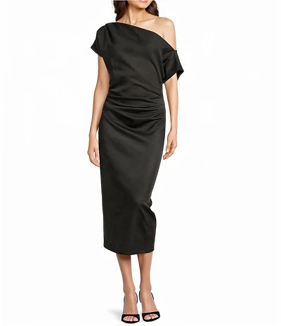 Gibson & Latimer Faux Suede Asymmetric Neck One Shoulder Off-The-Shoulder Short Sleeve Ruched Sheath Midi Dress