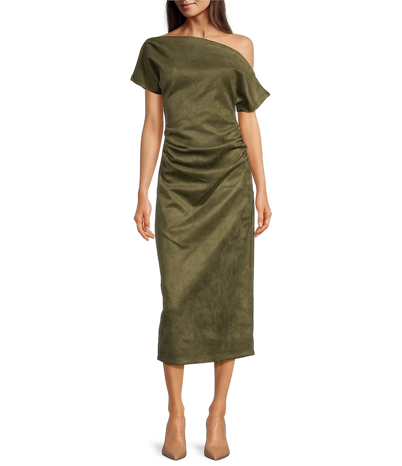 Gibson & Latimer Faux Suede Asymmetric Neck One Shoulder Off-The-Shoulder Short Sleeve Ruched Sheath Midi Dress