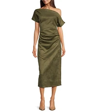 Gibson & Latimer Faux Suede Asymmetric Neck One Shoulder Off-The-Shoulder Short Sleeve Ruched Sheath Midi Dress