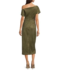Gibson & Latimer Faux Suede Asymmetric Neck One Shoulder Off-The-Shoulder Short Sleeve Ruched Sheath Midi Dress