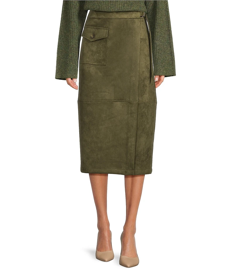 Gibson & Latimer Faux Suede Belted High Rise Wrap Pencil Cargo Midi Skirt