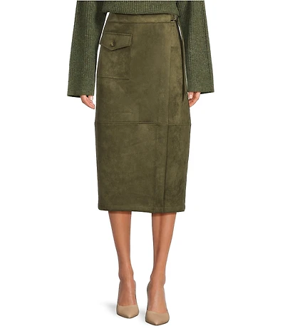 Gibson & Latimer Faux Suede Belted High Rise Wrap Pencil Cargo Midi Skirt
