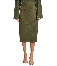 Gibson & Latimer Faux Suede Belted High Rise Wrap Pencil Cargo Midi Skirt