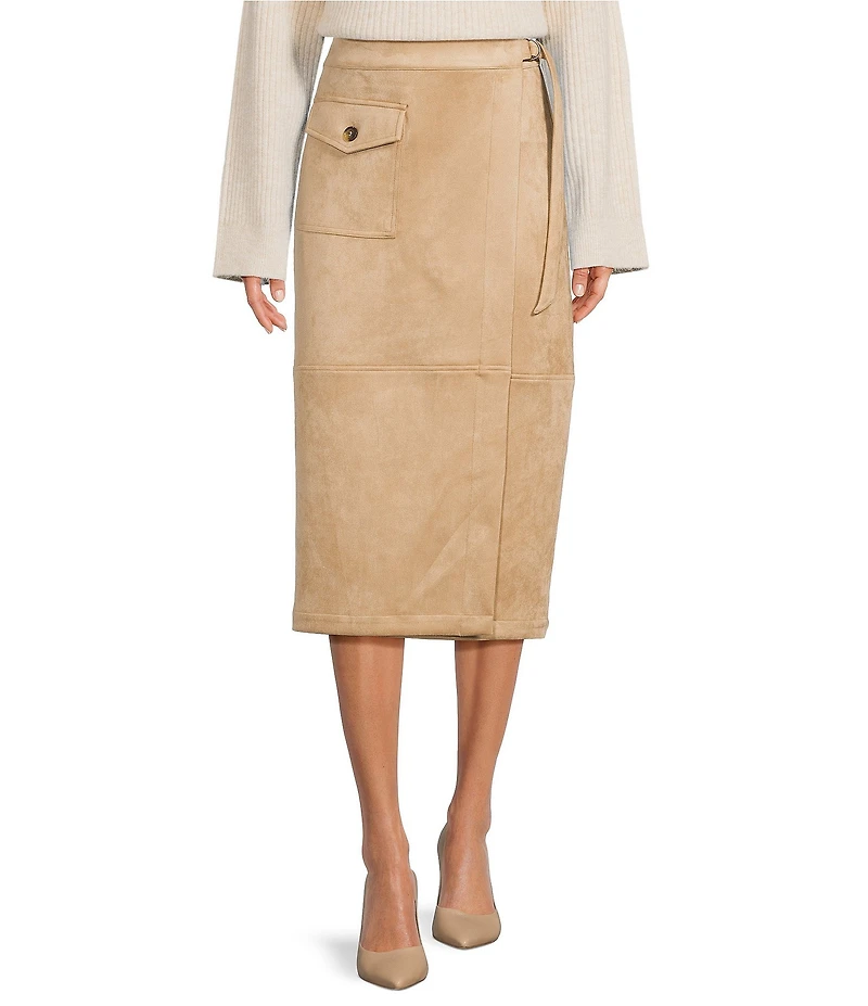Gibson & Latimer Faux Suede Belted High Rise Wrap Pencil Cargo Midi Skirt