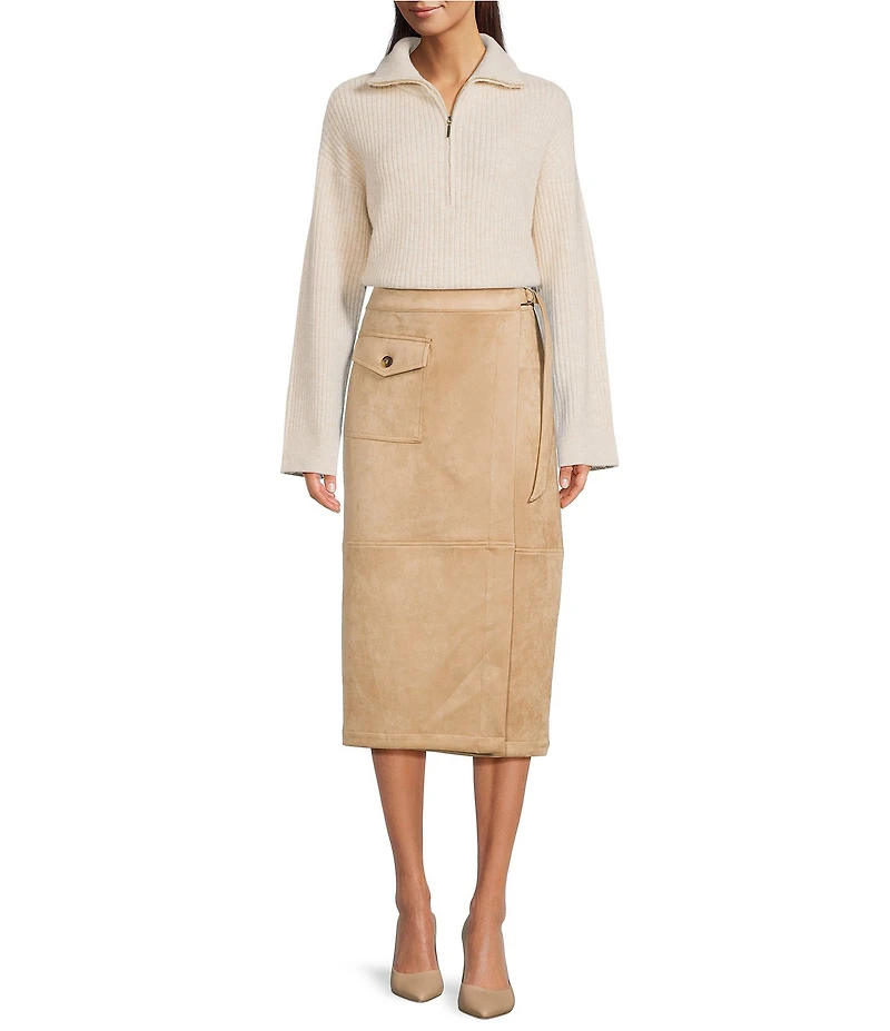 Gibson & Latimer Faux Suede Belted High Rise Wrap Pencil Cargo Midi Skirt