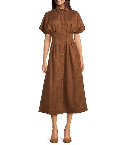 Gibson & Latimer Faux Suede Point Collar Short Dolman Sleeve Button Front Ruched Fit and Flare Shirt Midi Dress