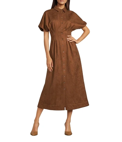 Gibson & Latimer Faux Suede Point Collar Short Dolman Sleeve Button Front Ruched Fit and Flare Shirt Midi Dress