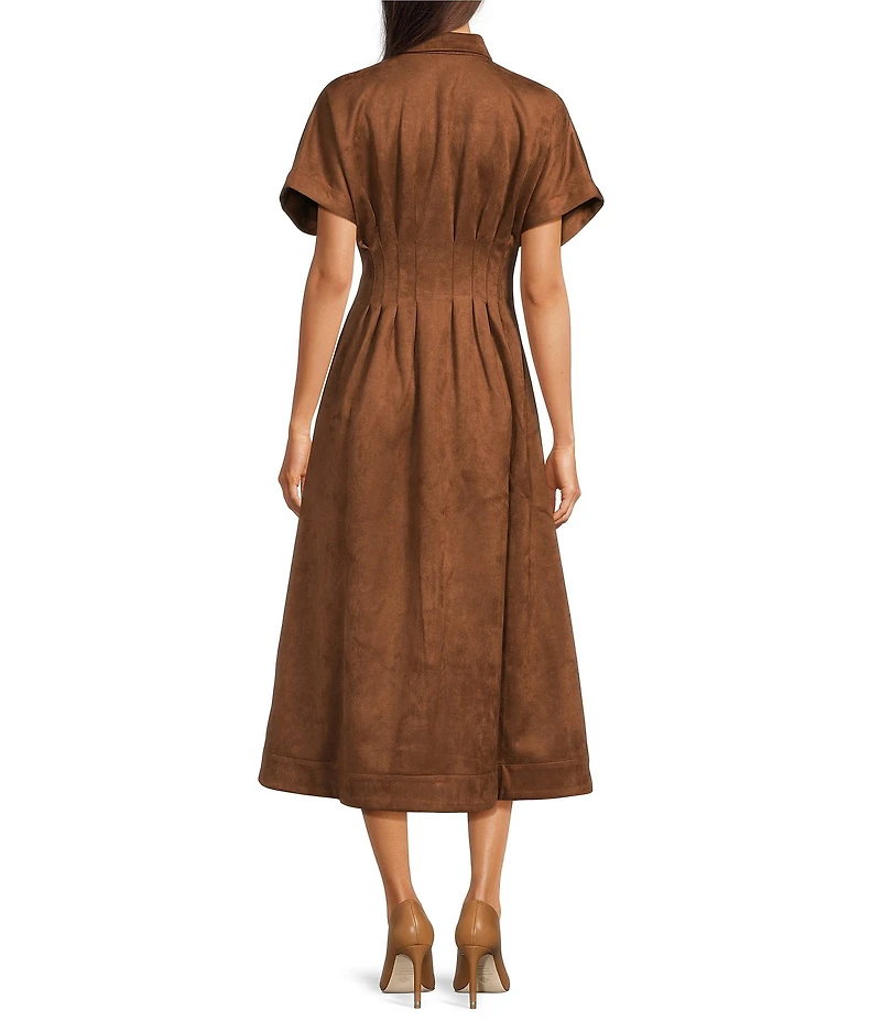 Gibson & Latimer Faux Suede Point Collar Short Dolman Sleeve Button Front Ruched Fit and Flare Shirt Midi Dress