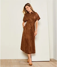 Gibson & Latimer Faux Suede Point Collar Short Dolman Sleeve Button Front Ruched Fit and Flare Shirt Midi Dress