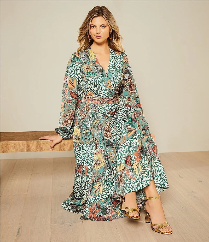 Gibson & Latimer Leaf Print Woven Moonshadow Satin Split V-Neck Long Blouson Sleeve Tiered A-Line Wrap Maxi Dress