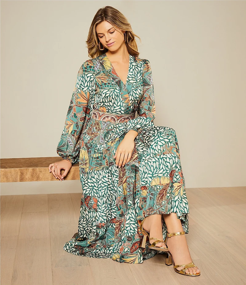 Gibson & Latimer Leaf Print Woven Moonshadow Satin Split V-Neck Long Blouson Sleeve Tiered A-Line Wrap Maxi Dress