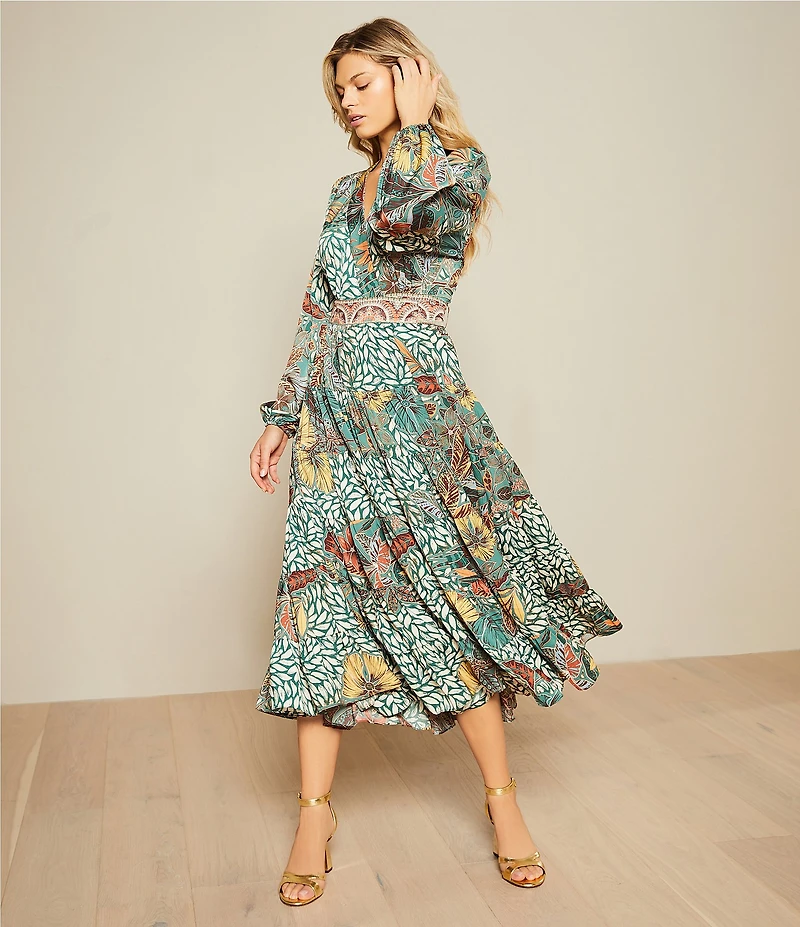 Gibson & Latimer Leaf Print Woven Moonshadow Satin Split V-Neck Long Blouson Sleeve Tiered A-Line Wrap Maxi Dress