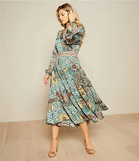 Gibson & Latimer Leaf Print Woven Moonshadow Satin Split V-Neck Long Blouson Sleeve Tiered A-Line Wrap Maxi Dress