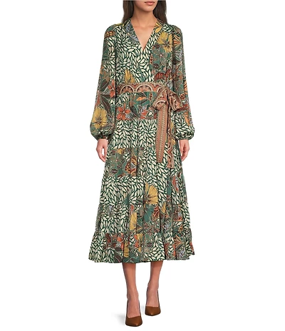 Gibson & Latimer Leaf Print Woven Moonshadow Satin Split V-Neck Long Blouson Sleeve Tiered A-Line Wrap Maxi Dress