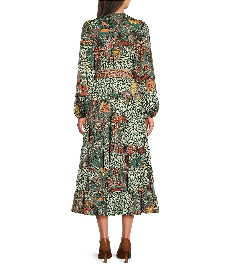 Gibson & Latimer Leaf Print Woven Moonshadow Satin Split V-Neck Long Blouson Sleeve Tiered A-Line Wrap Maxi Dress