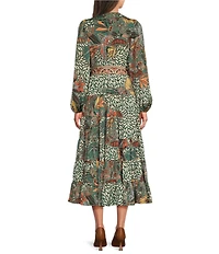 Gibson & Latimer Leaf Print Woven Moonshadow Satin Split V-Neck Long Blouson Sleeve Tiered A-Line Wrap Maxi Dress