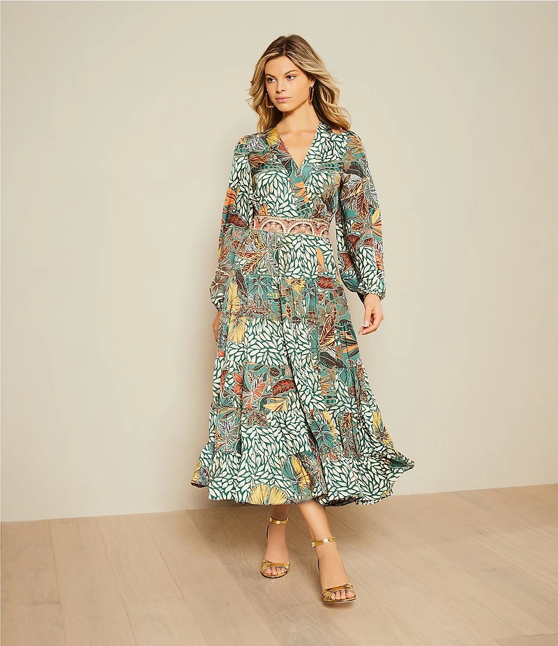 Gibson & Latimer Leaf Print Woven Moonshadow Satin Split V-Neck Long Blouson Sleeve Tiered A-Line Wrap Midi Dress