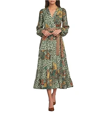 Gibson & Latimer Leaf Print Woven Moonshadow Satin Split V-Neck Long Blouson Sleeve Tiered A-Line Wrap Midi Dress