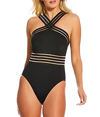 Gibson & Latimer Illusion Solid Banded High Neck One Piece Swimsuit