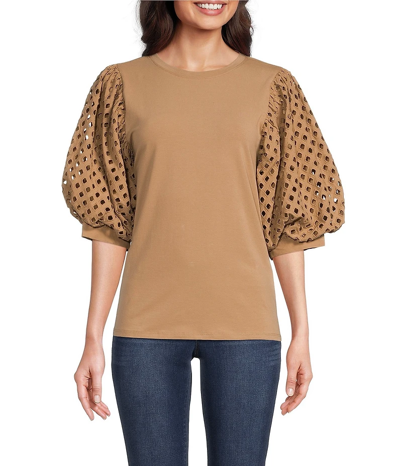 Gibson & Latimer Knit Contrast Eyelet Crew Neck Short 3/4 Balloon Sleeve Top