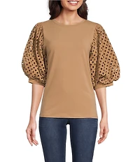 Gibson & Latimer Knit Contrast Eyelet Crew Neck Short 3/4 Balloon Sleeve Top
