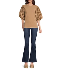 Gibson & Latimer Knit Contrast Eyelet Crew Neck Short 3/4 Balloon Sleeve Top