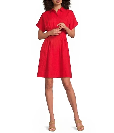 Gibson & Latimer Linen Blend Collared Short Sleeve Button Front A-Line Dress