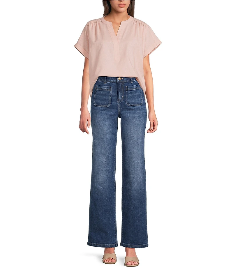 Gibson & Latimer Linen Blend Split Round Neck Short Roll Tab Sleeve Hi-Low Shirttail Blouse