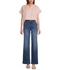 Gibson & Latimer Linen Blend Split Round Neck Short Roll Tab Sleeve Hi-Low Shirttail Blouse