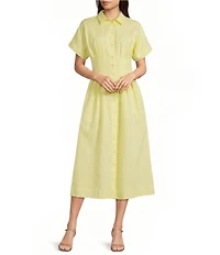 Gibson & Latimer Linen Point Collar Short Dolman Sleeve Button Front Ruched Pleated Waist Shirt Midi Dress