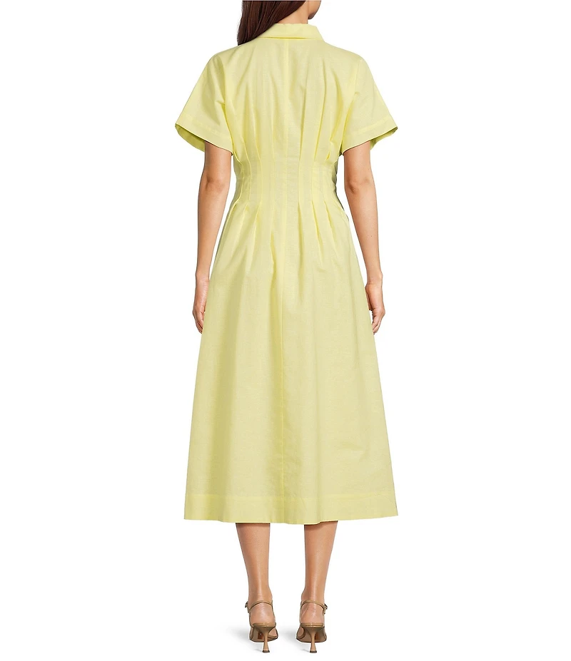 Gibson & Latimer Linen Point Collar Short Dolman Sleeve Button Front Ruched Pleated Waist Shirt Midi Dress