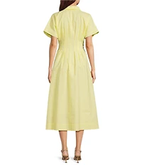 Gibson & Latimer Linen Point Collar Short Dolman Sleeve Button Front Ruched Pleated Waist Shirt Midi Dress